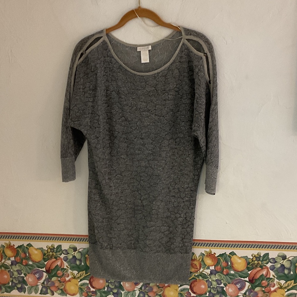 Cache Silver Gray Metallic Boat Neck Sweater, Size M